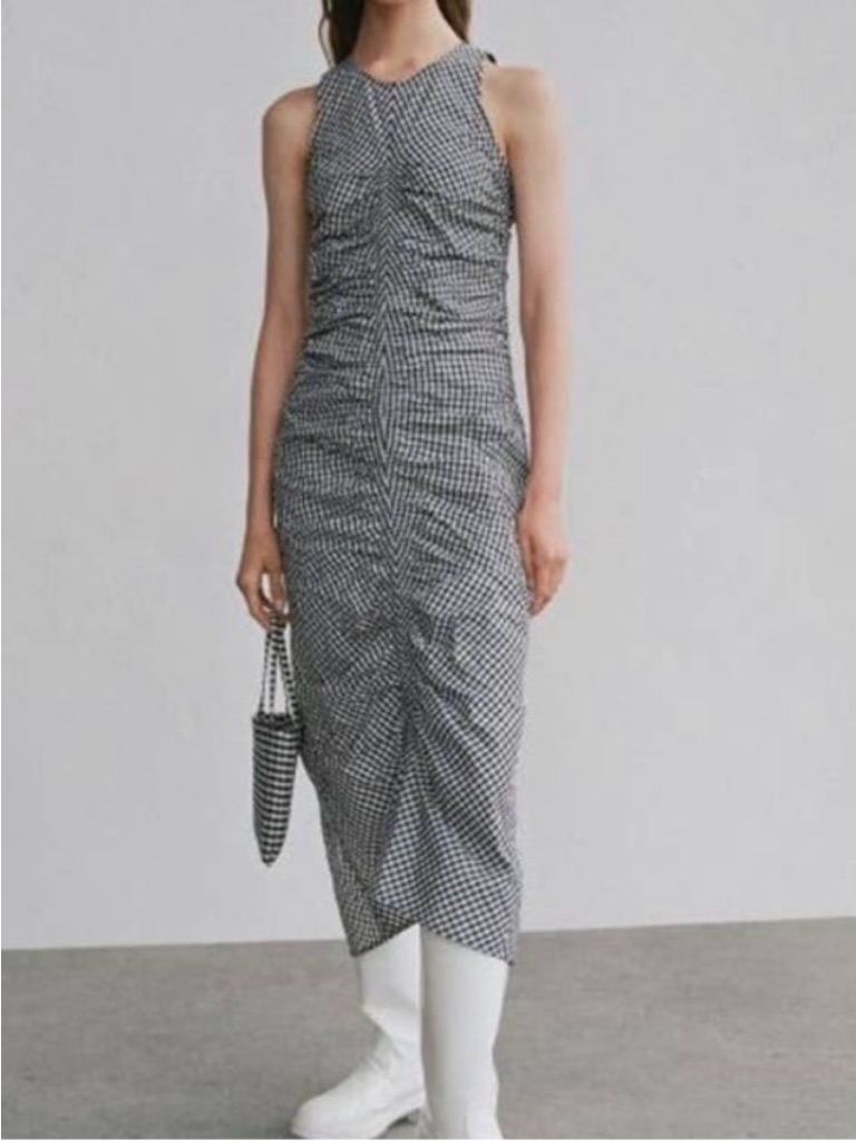 Zara Black & White Gingham Ruched Sleeveless Midi Dress